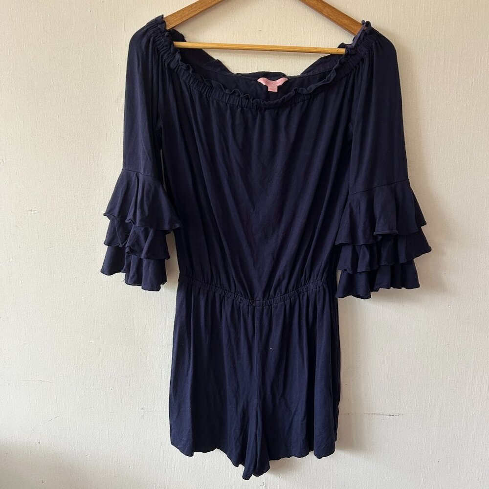 Lilly Pulitzer Romper Womens Small Blue Ruffle Sleeve Off the Shoulder Preppy